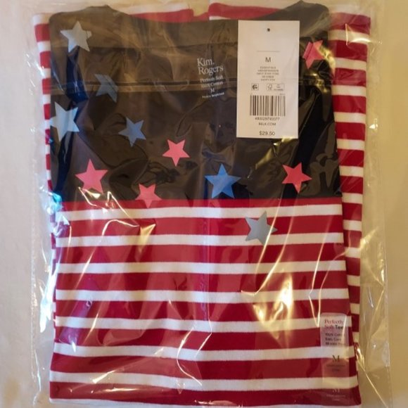 Kim Rogers Patriotic Navy Star Yoke Red/White Stripe Bottom Tee Size M NWT - Picture 2 of 4
